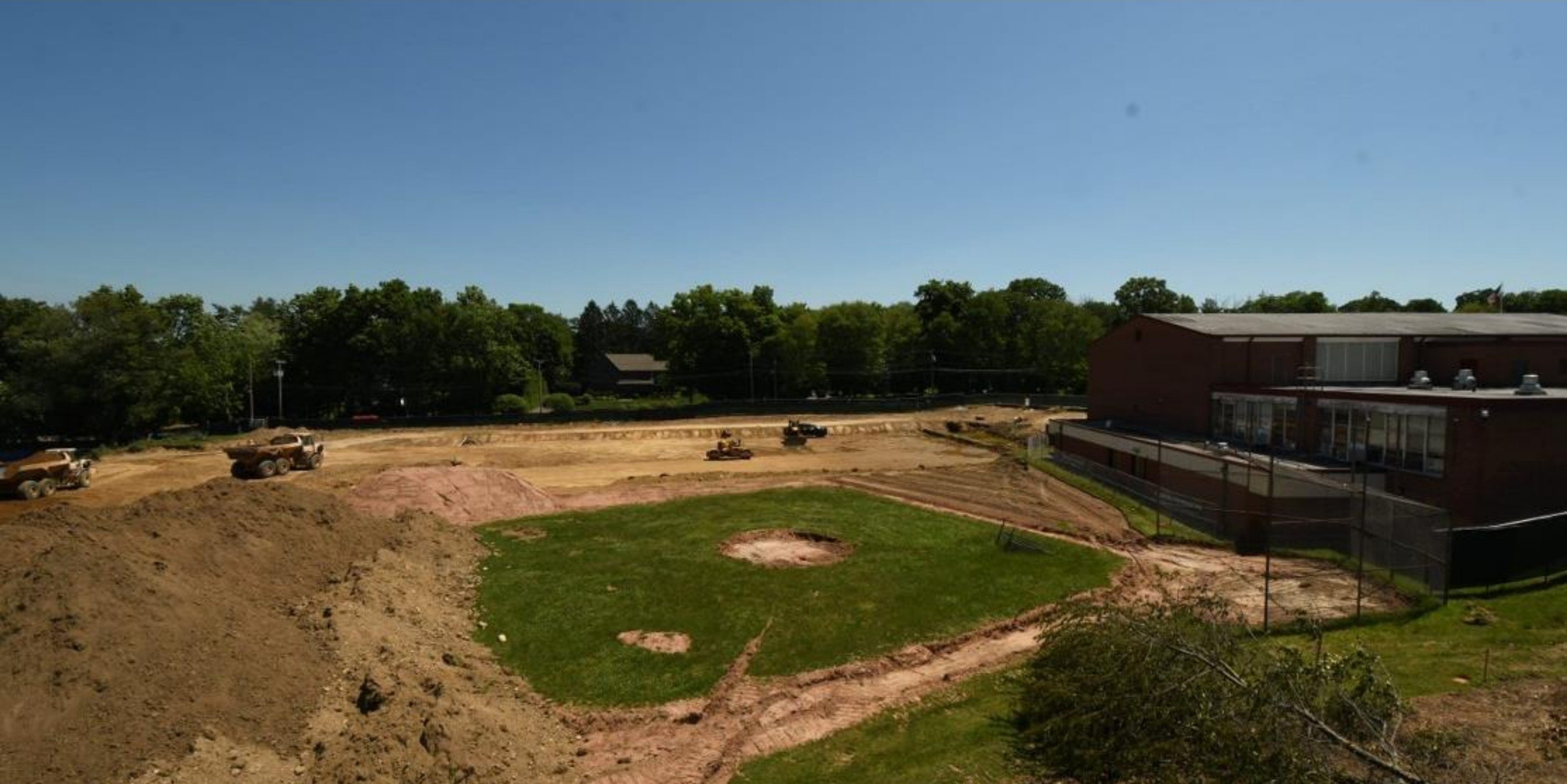 Aerial view of construction progress at the Long Lots Elementary School and Stepping Stones Preschool site
