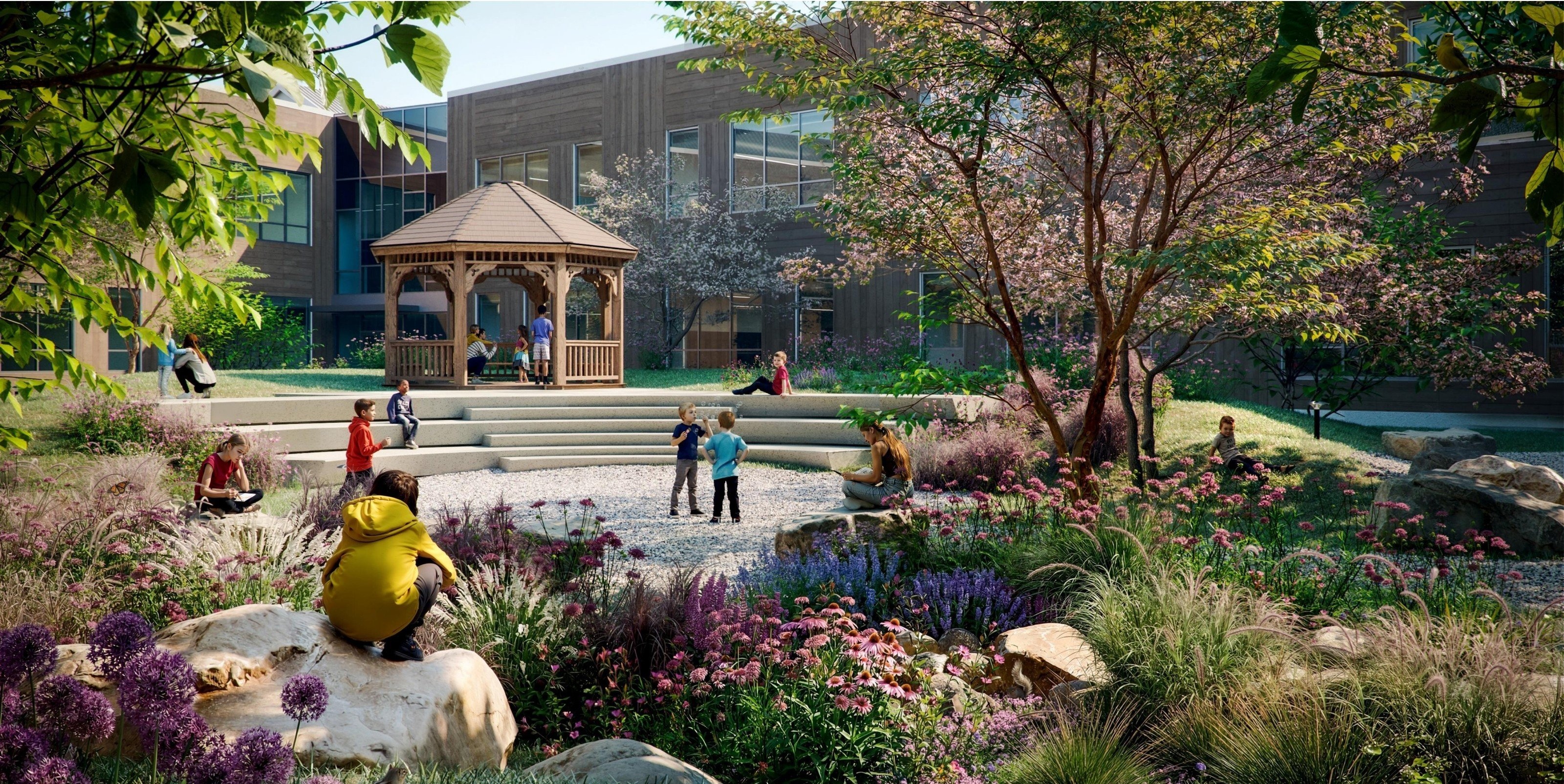 Architectural rendering of the new Long Lots Elementary School courtyard